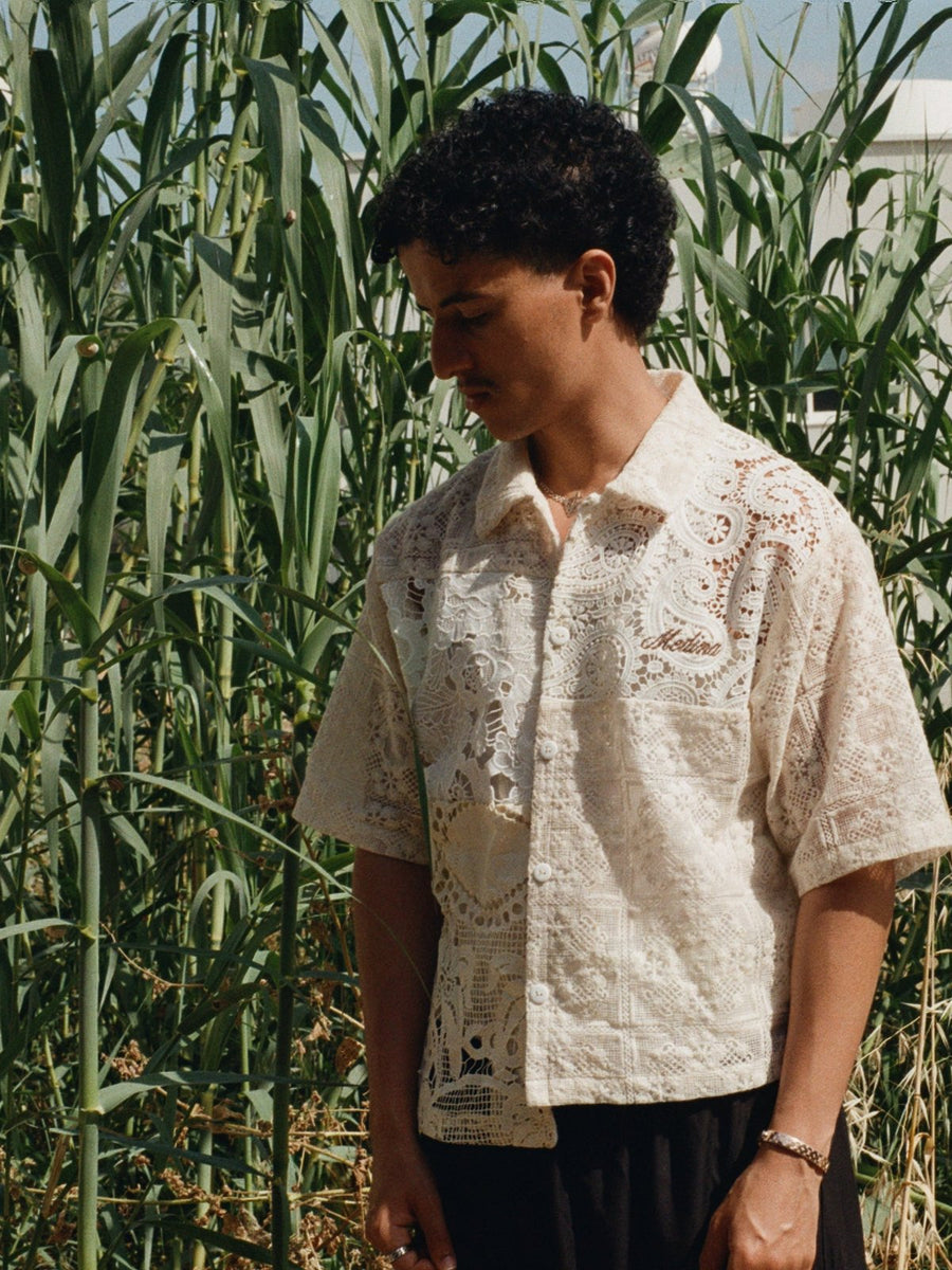 Cream Patchwork Short Sleeve Crochet Shirt