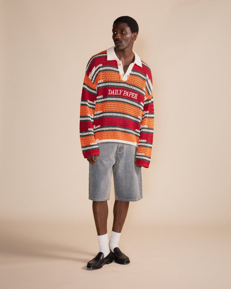 Haute Red Tigerlily Kente Stripe Knit Polo