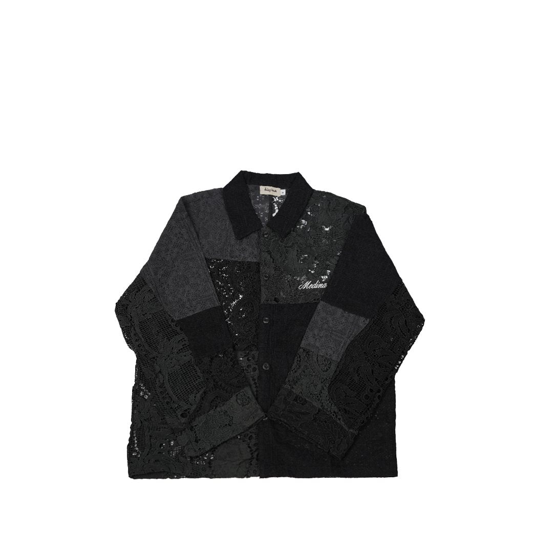 Black Long Sleeve Patchwork Crochet Shirt
