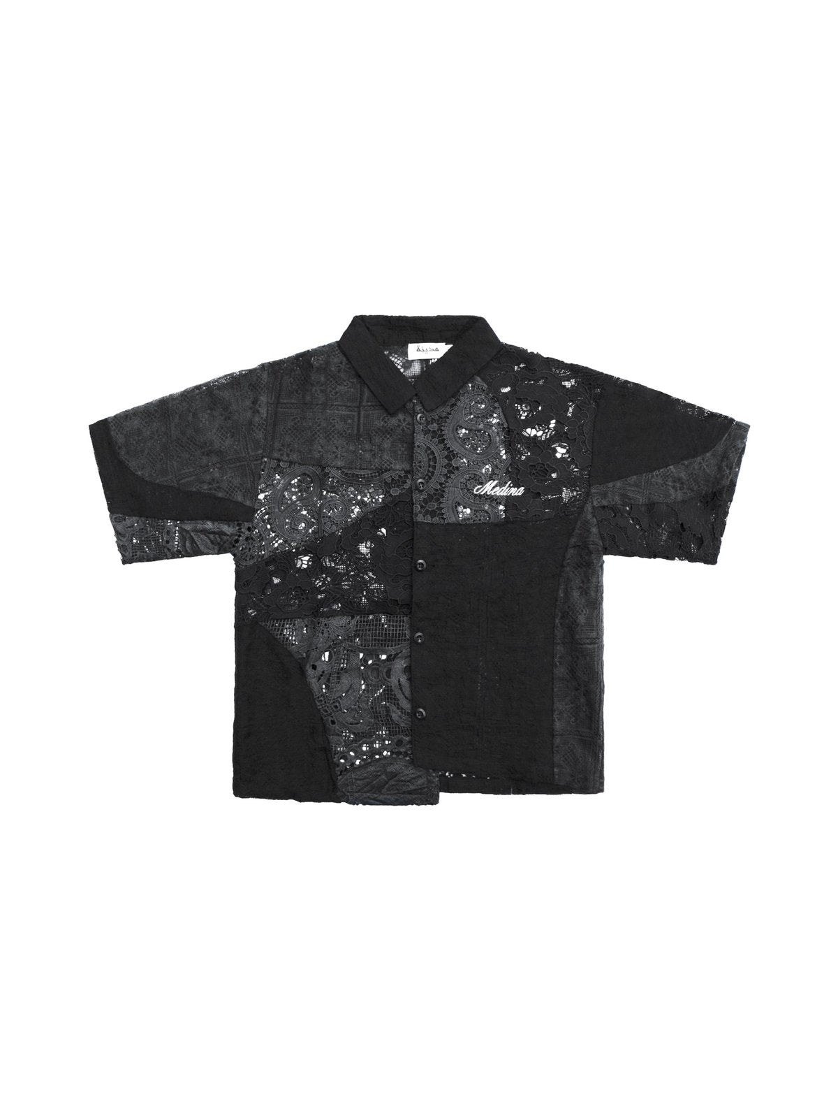 Black Short Sleeve Patchwork Crochet Shirt