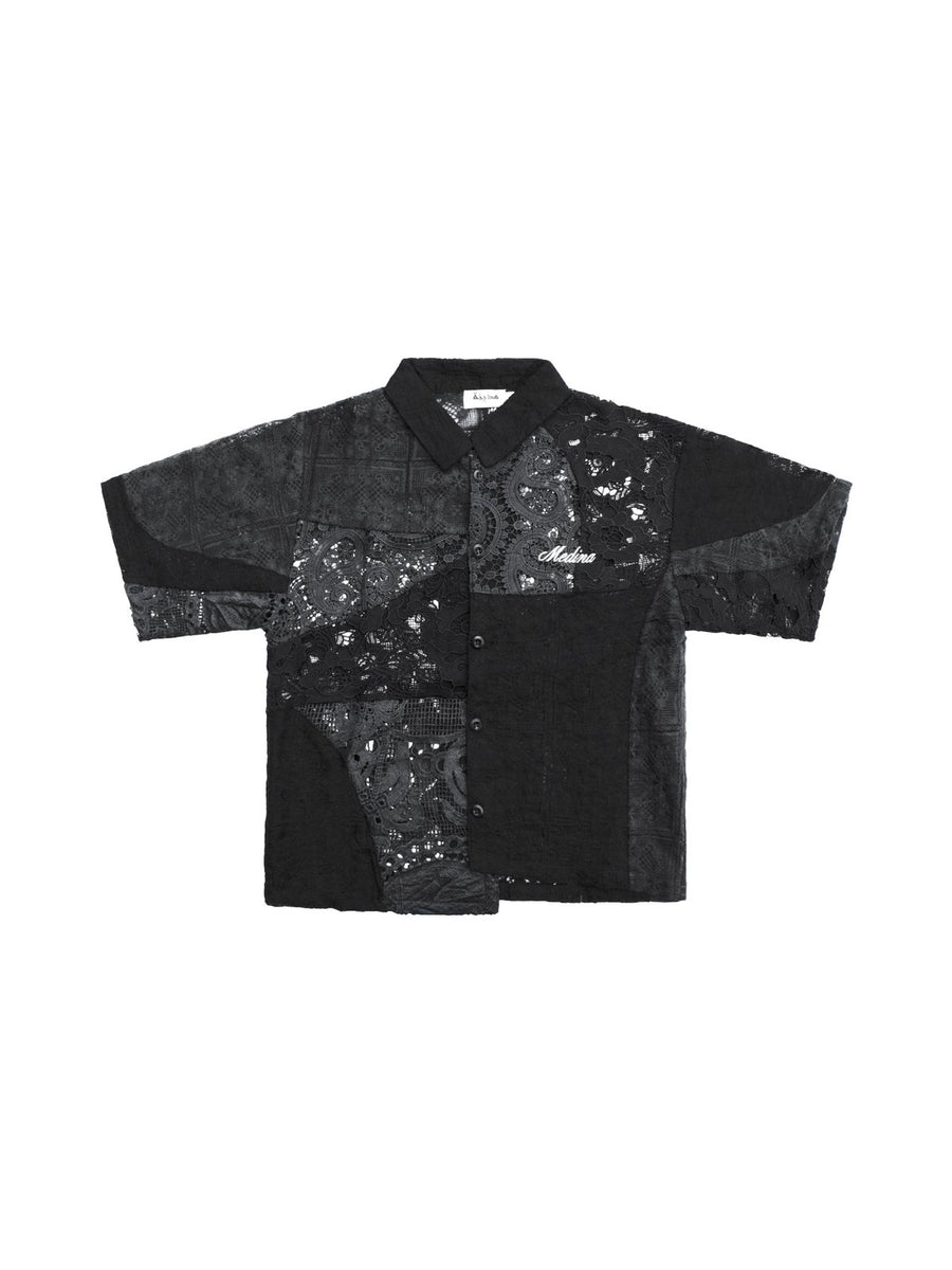 Black Short Sleeve Patchwork Crochet Shirt
