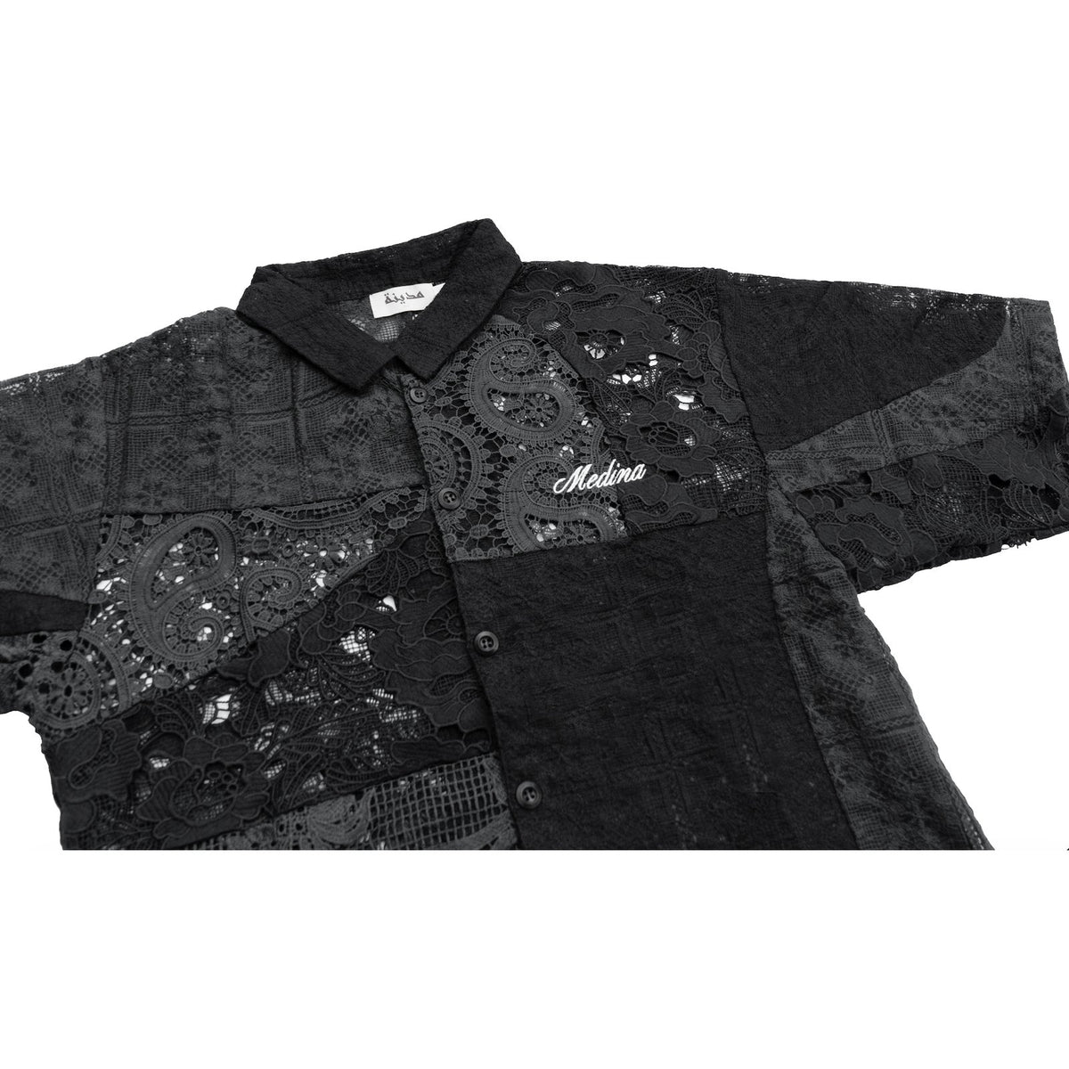 Black Short Sleeve Patchwork Crochet Shirt