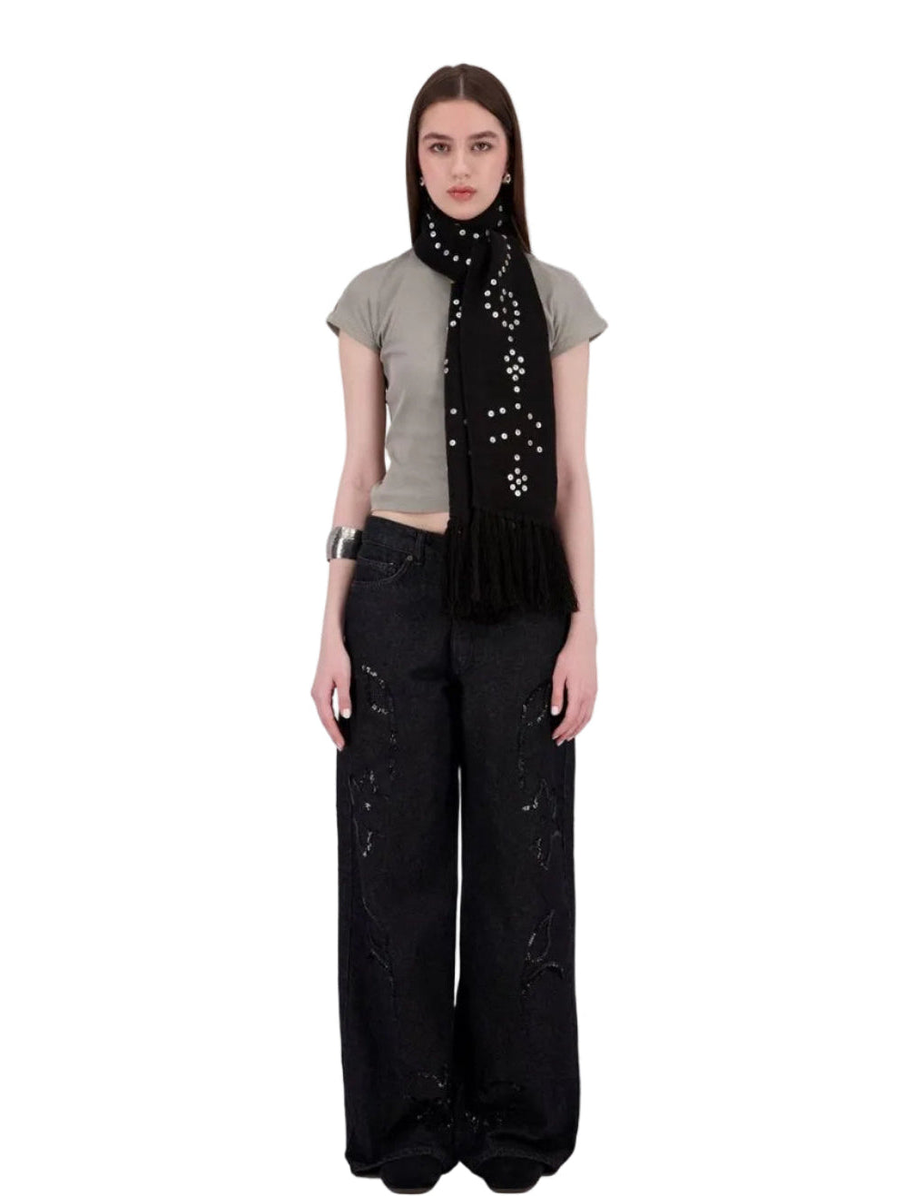 Lily Embroidered Wide-Leg Jeans with Sequins