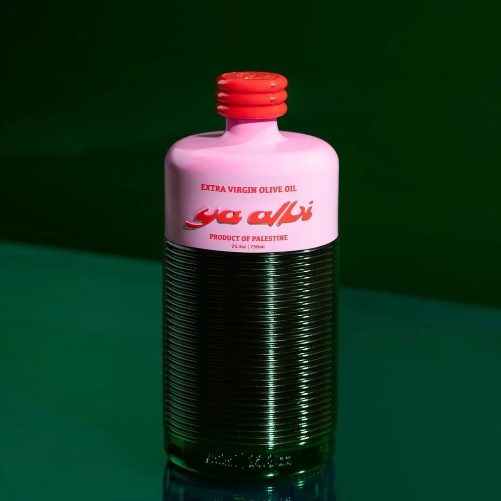 Ya Albi extra virgin olive oil — pink label, green ribbed bottle