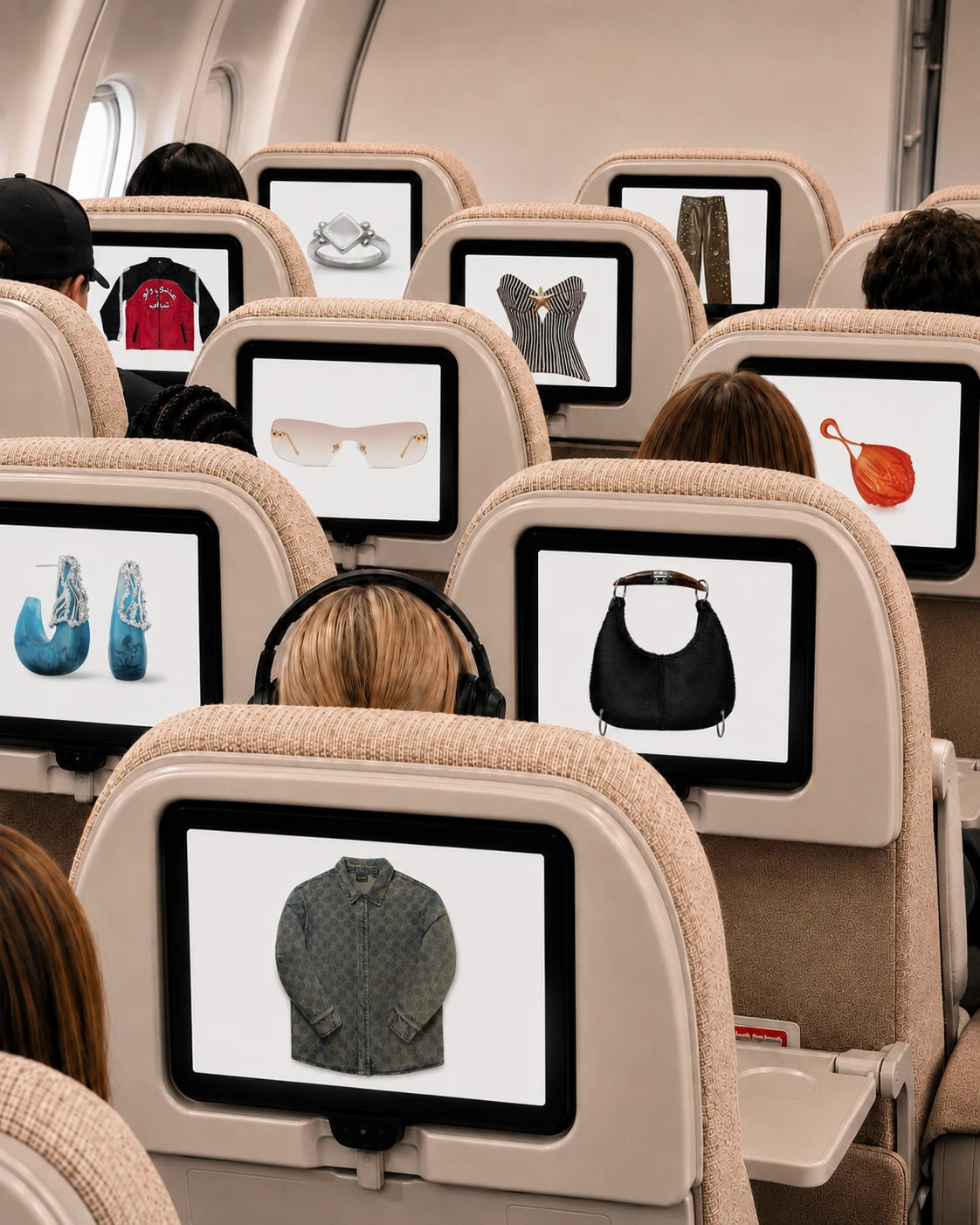 Airplane cabin where every seatback screen shows a piece from the house's designers